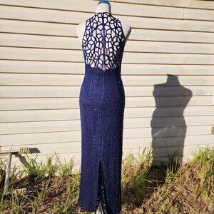 VTG Scala Beaded Art Deco Sleeveless Navy 100% Silk Formal Caged Yoke Dress L‎